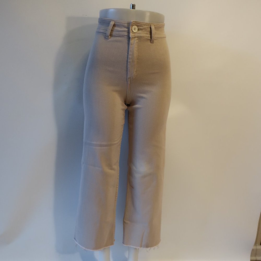 Womens Robertson + Rodeo Tan Straight Wide Leg Raw Hem Denim Jeans S *
